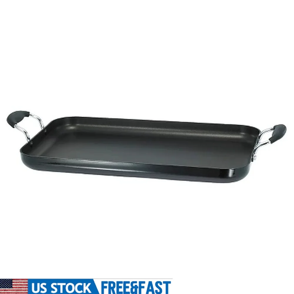 

Double Burner Griddle Nonstick Cookware Heavy-Gauge Aluminum Silicone Handles Dishwasher Safe Scratch-Resistant Surface 18x11