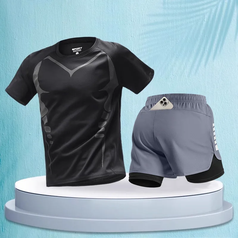 

Running Men's Sports Set Marathon Professional Short Sleeved Shorts Equipment Quick Drying Breathable Training Fitness Set