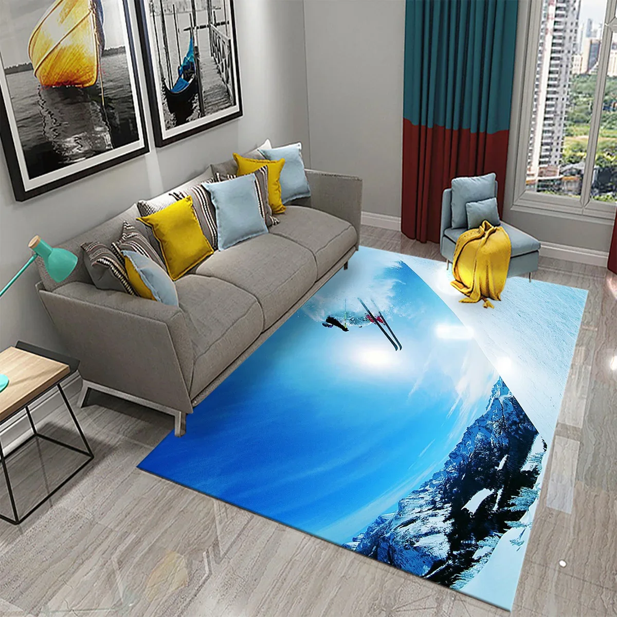 Ski Snow Mountain Theme Carpet Kids Adults Winter Extreme Sport Floor Mat for Living Room Bedroom Bathroom Entrance Non-Slip Rug