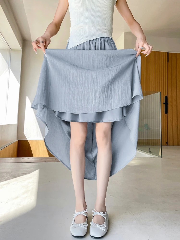 

Быстросохнущая юбка из ледяного шелка с асимметричным подолом и высокой талией для женщин, летняя новинка, свободный крой, повседневная юбка А-силуэта с текстурой