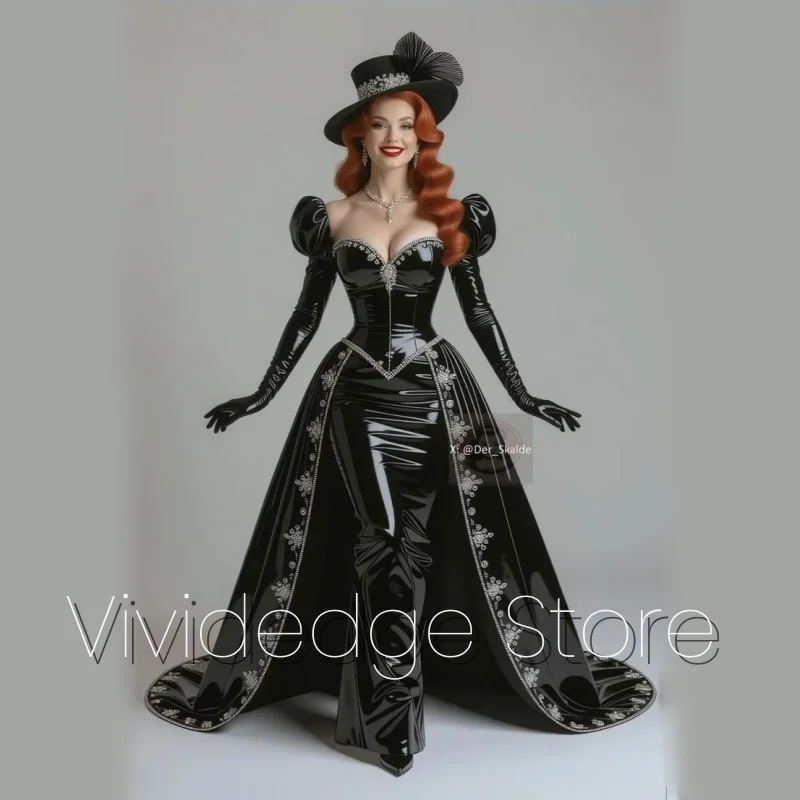 تخصيص أسود لامع الكرة الفيكتوري أثواب طويلة الأكمام ذيل السمكة التعادل دوقة نموذج زائدة الفضة يزين #1