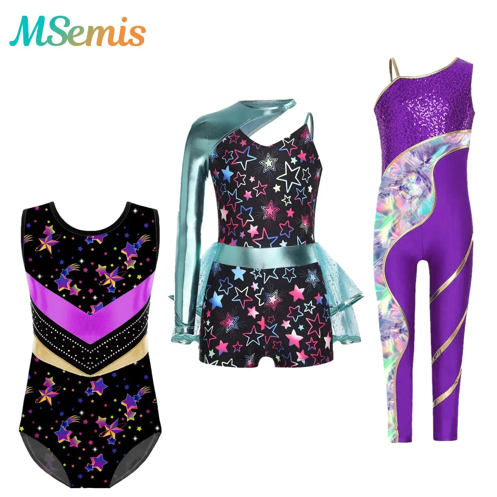 Bambini Ragazze Ginnastica Balletto Danza Body Tuta Singola Manica Lunga Vibrazione Stampa Paillettes Maglia Atletica Body Costumi