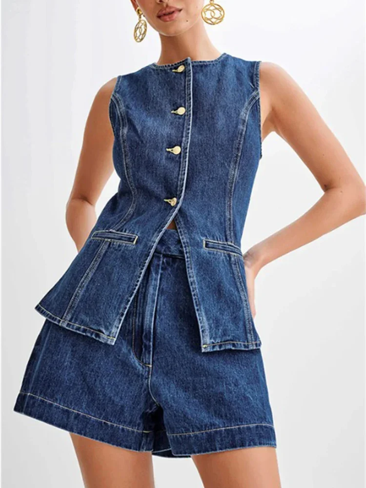 Korean Casual Split Round Neck Slim Fit Denim Vest Top Two-piece Set New Women\'s Fashion Sleeveless High Waist Denim Shorts Set