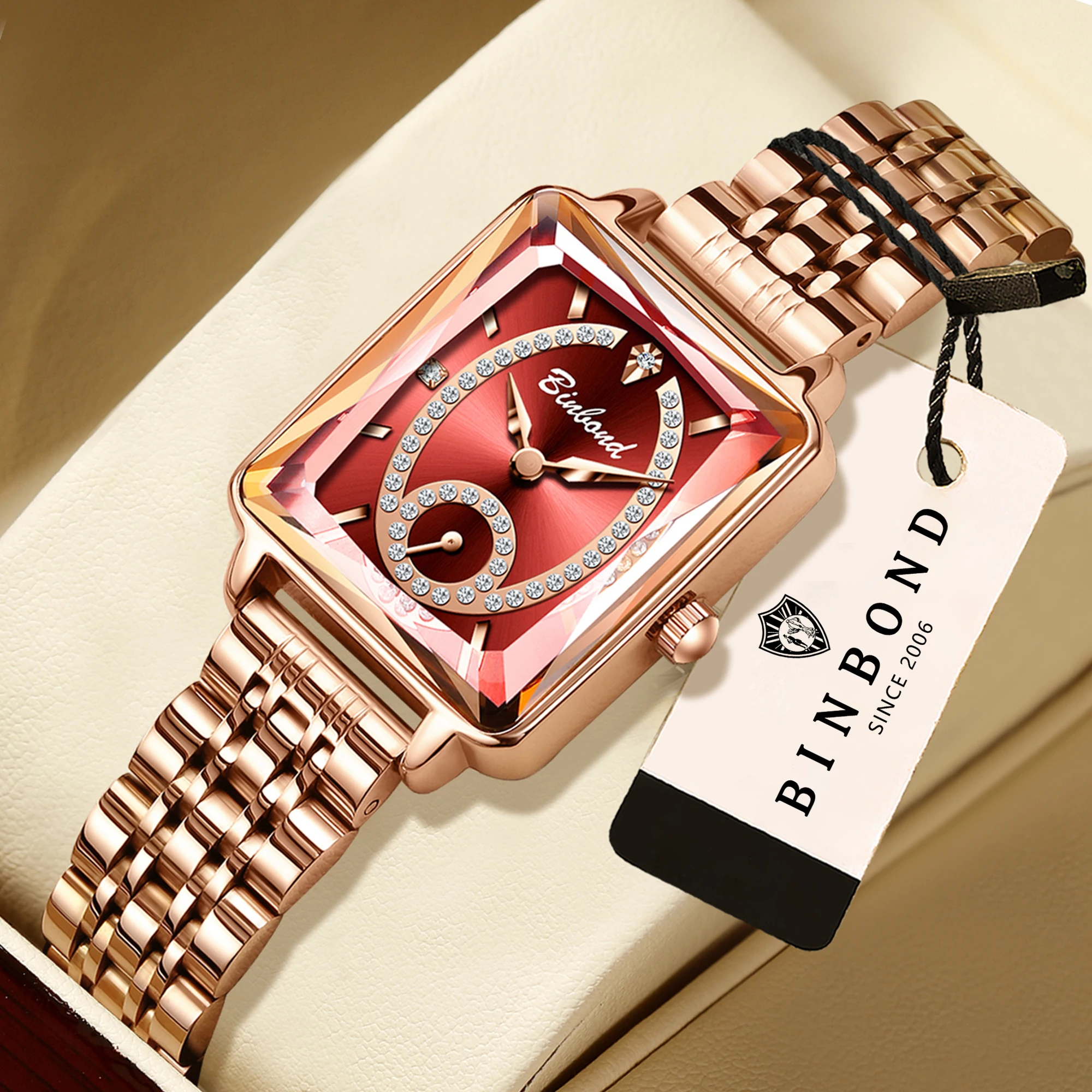 BINBOND Original Women's Watches Diamond Dial Ladies' Wristwatch Luxury Elegant Waterproof Fashion Quartz Watch For Female