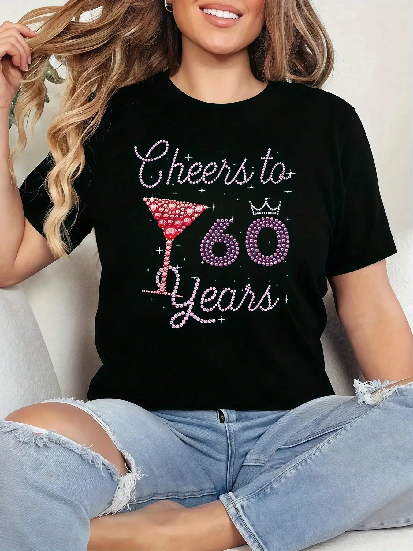 

Women's Black & White "Cheers To 60 Years" Anniversary T-Shirt - Sparkling Cocktail Crown Graphic, Stretchy Polyester Blend