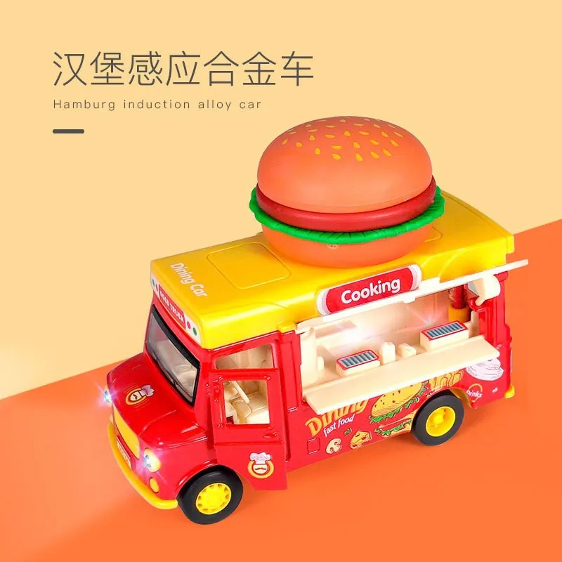 1:36 Fast Food Truck Model Pizza Burger Hot Dog Series Simulation Alloy Mini Car Model Sound Light Toy Collection Birthday Gift
