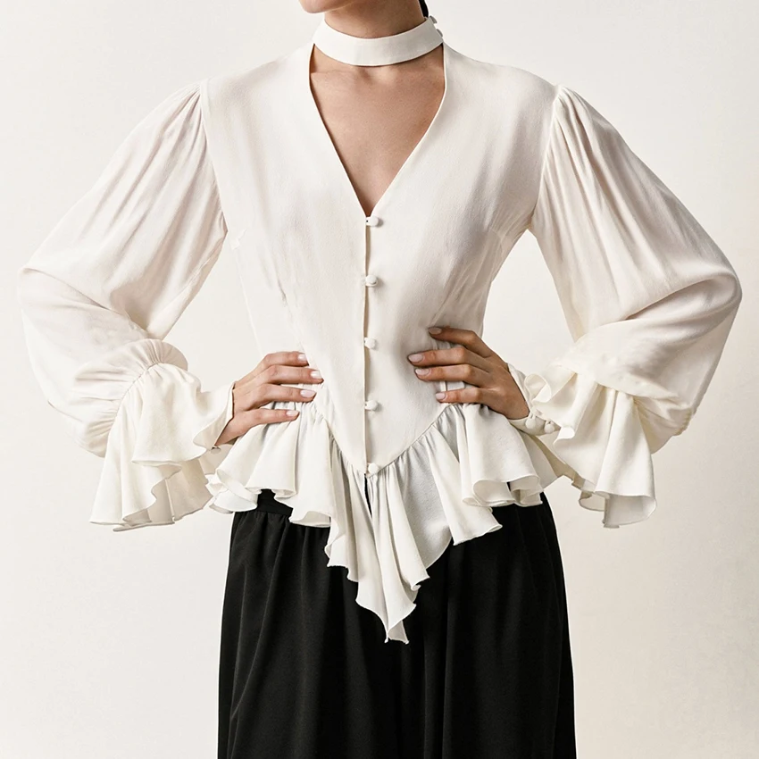 

Linad Elegant White Chiffon Puff Sleeve Shirts Fashion V Neck Ruffles Blouse Woman Autumn Street Chic Single Breasted Tops 2025