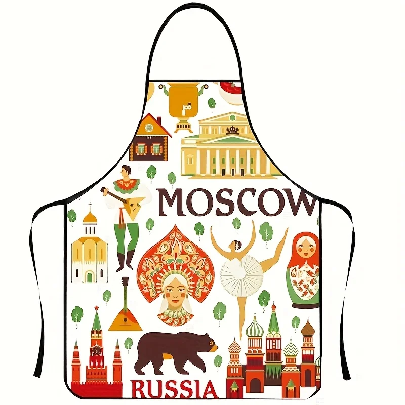 1pc Moscow-Themed Apron with Russian Landmarks Print Durable Polyester Fabric Suitable for, Russian Culture