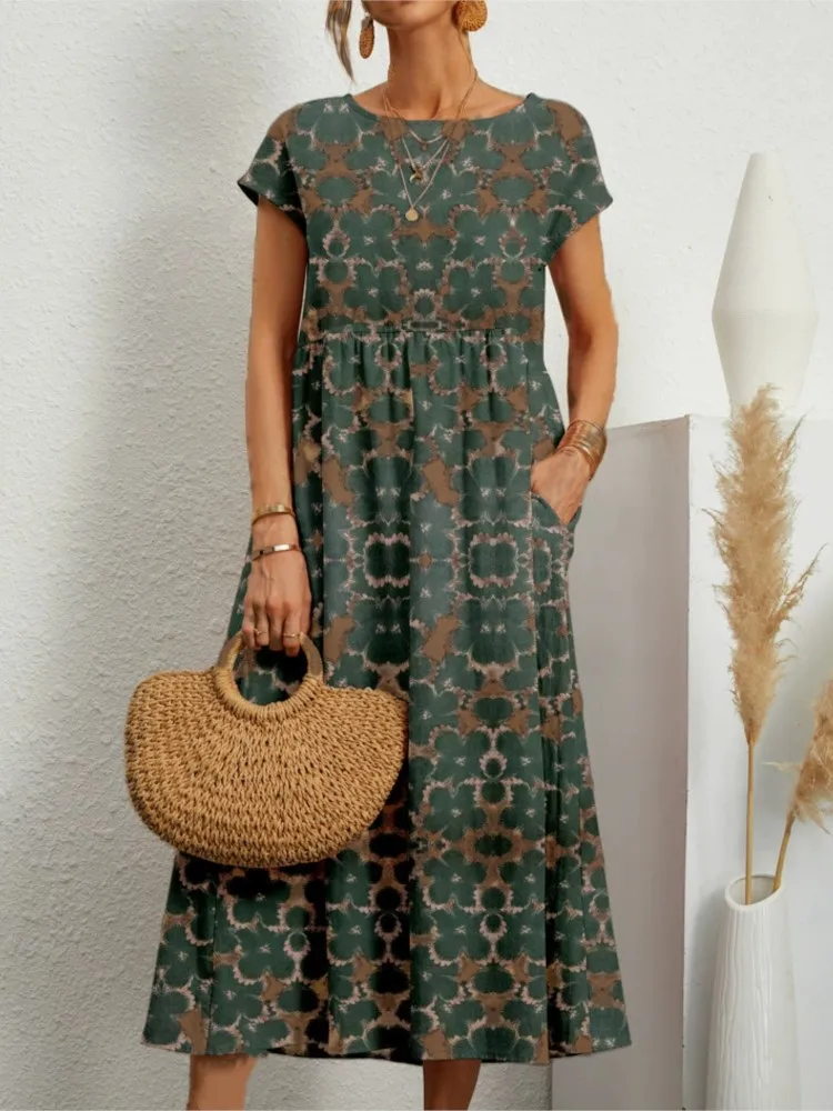 Letnia Nowość Damskie Sukienki Codzienne Modne Sukienki z Dekoltem O-neck Krótki Rękaw Elegancka Sukienka Modna Sukienka Boho Kombinacja Vintage Długa Sukienka