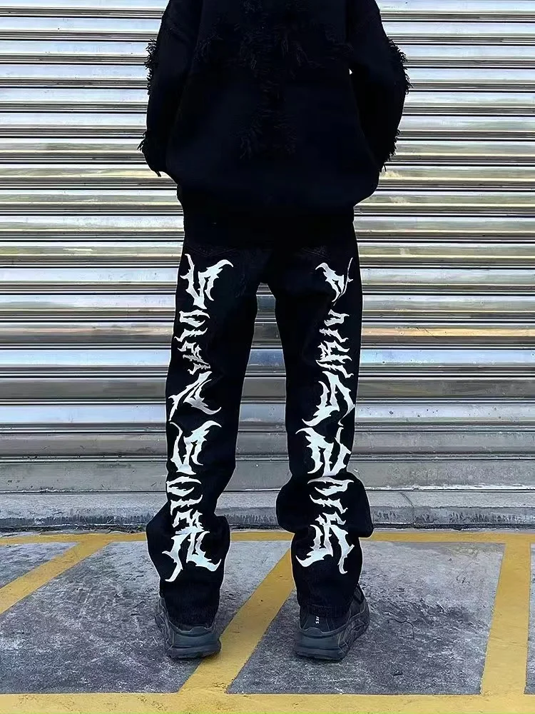 American Goth Anime Print Oversized Jeans Men Y2K Street Hip-Hop Loose High Waist Straight Leg Wide Leg Pants Unisex Style 2024