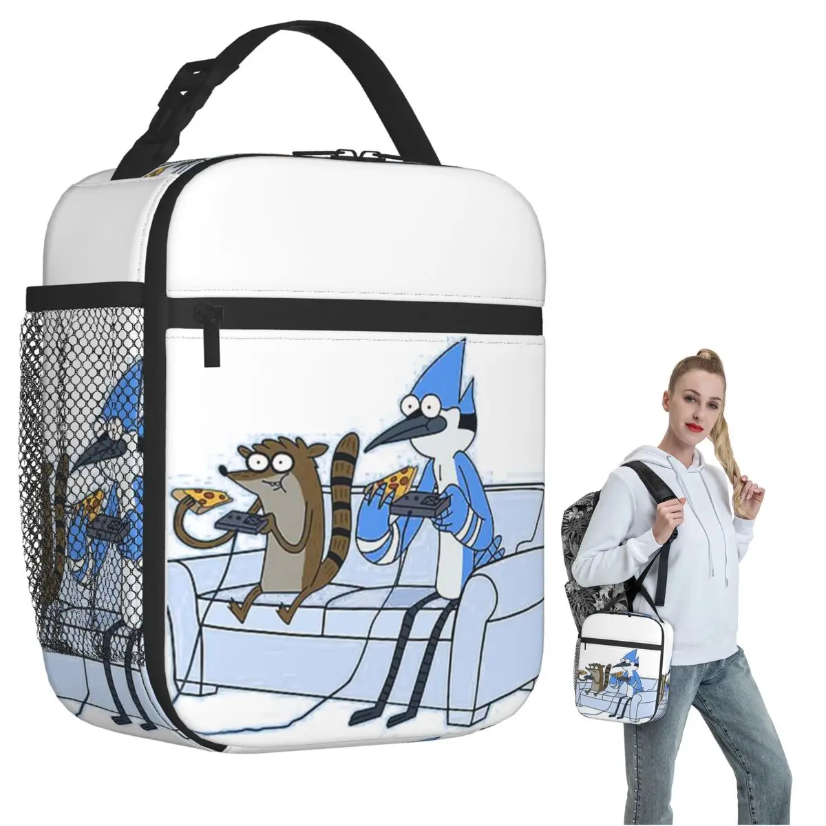 Mordecai And Rigby Pizza And Video Games Insulated Lunch Bag for Women Kids Leakproof Food Boxes Thermal Lunch Box Tote