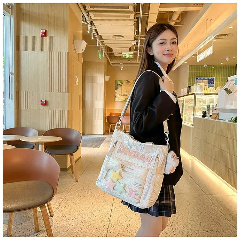 1pcs Pastel Color Cute Style Thick Nylon Shoulder Bag Proper Size Perfect for Campus Commute Casual Trip Tutoring Item Storage