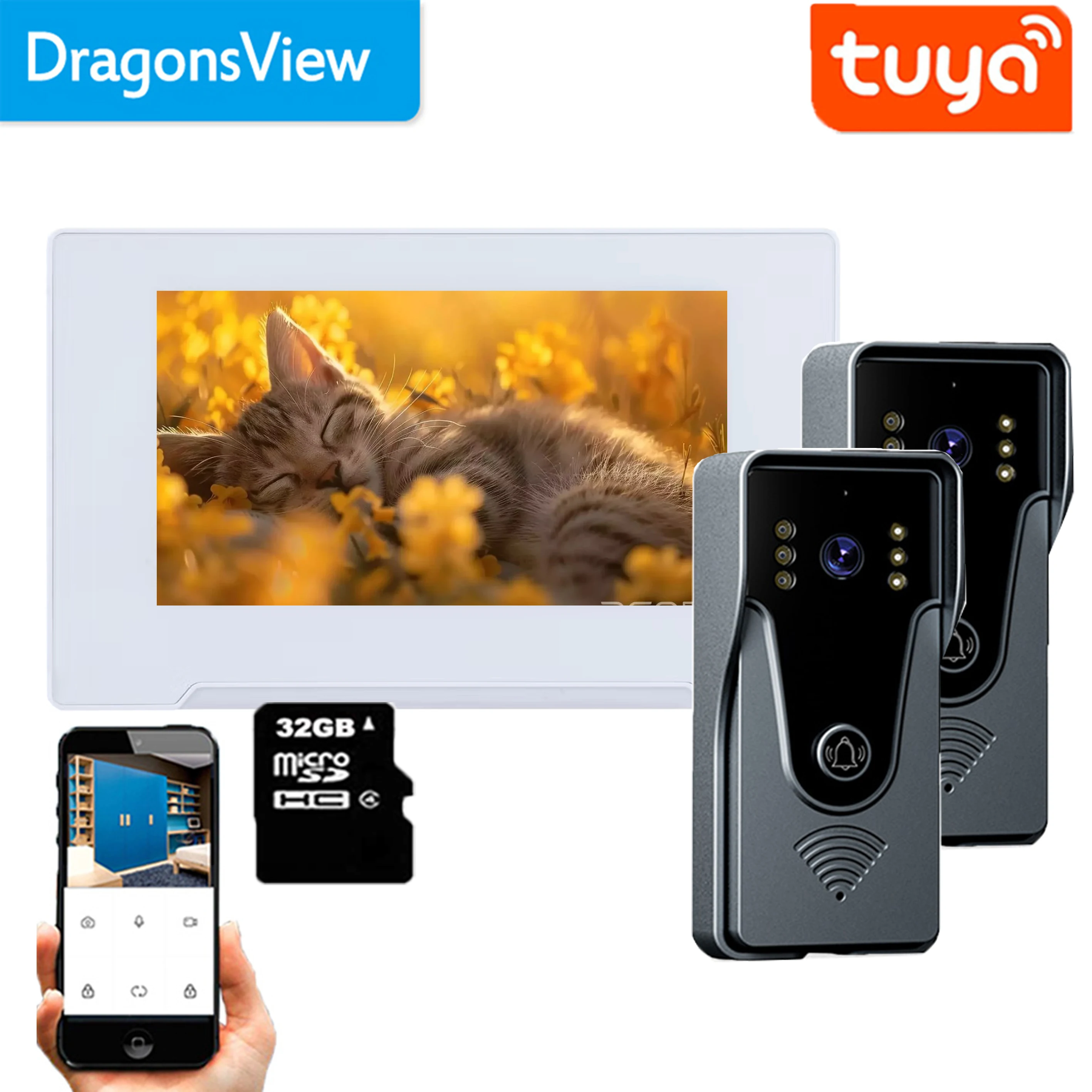 Dragonsview 1080P 7 Inch Video Door Phone Intercom System with 2 Cameras Outdoor Doorbell  Touch Screen Record Motion Unlock