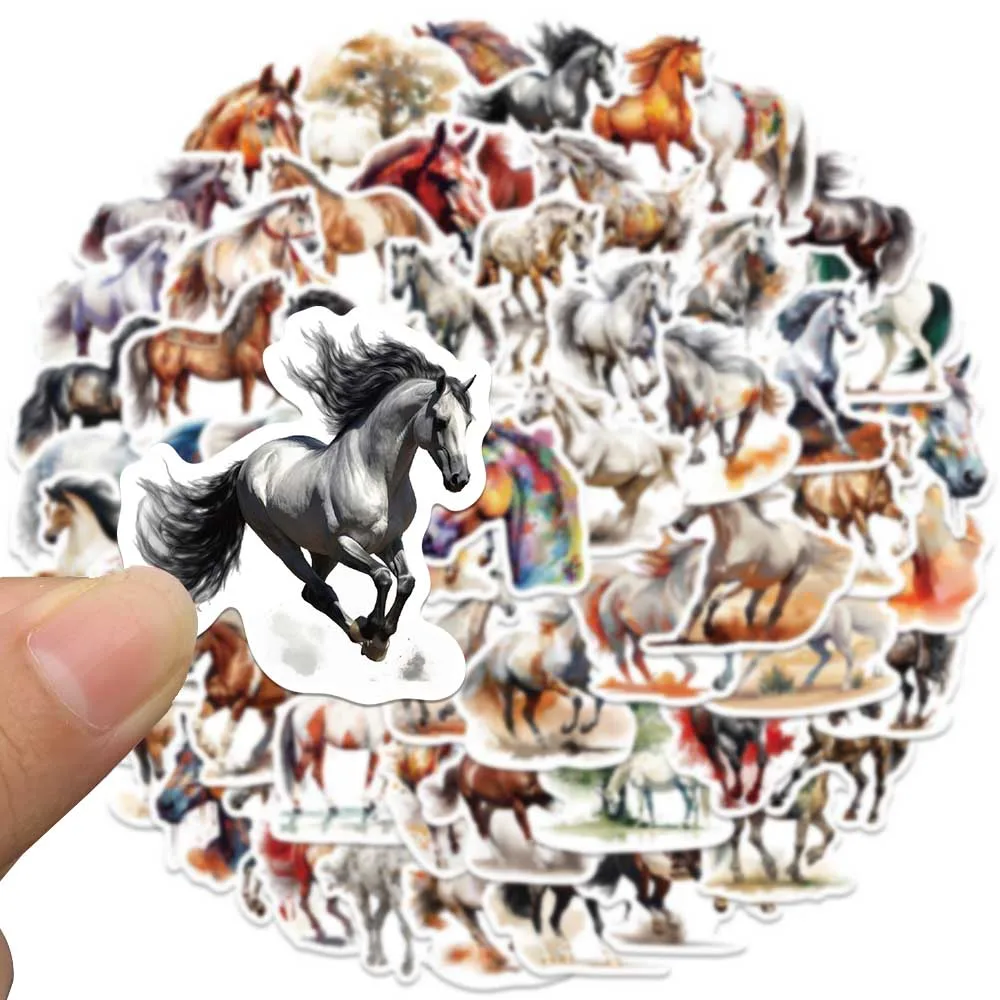 60pcs Aesthetic Cartoon Watercolor Animals Horses Stickers For Laptop Water Bottle Luggage Notebook Waterproof Graffiti Decals