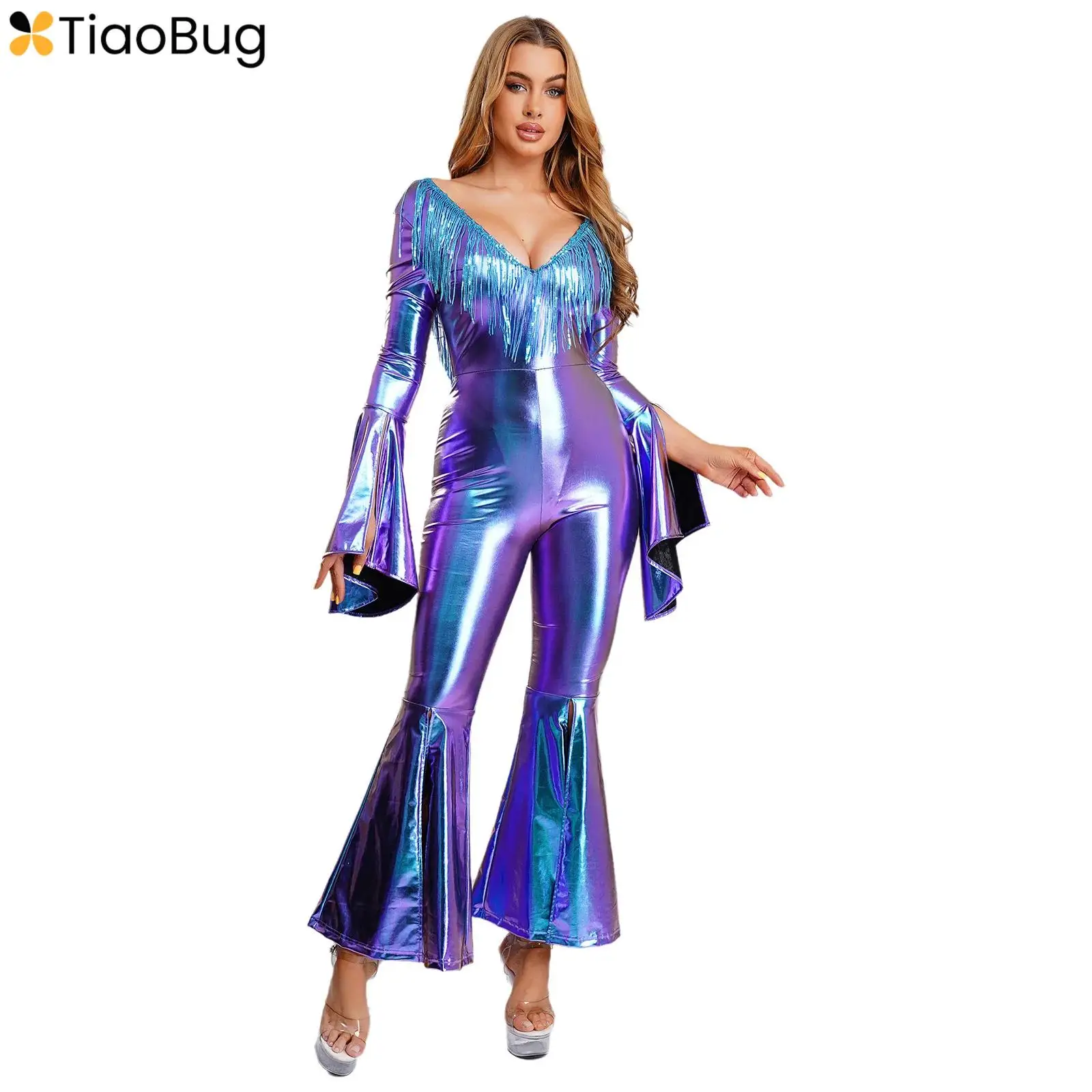 

Womens 70s 80s Disco Jazz Dance Rompers V Neck Sequins Tassel Backless Flared Cuffs Legs Jumpsuit Bodysuit Nightclub Clubwear