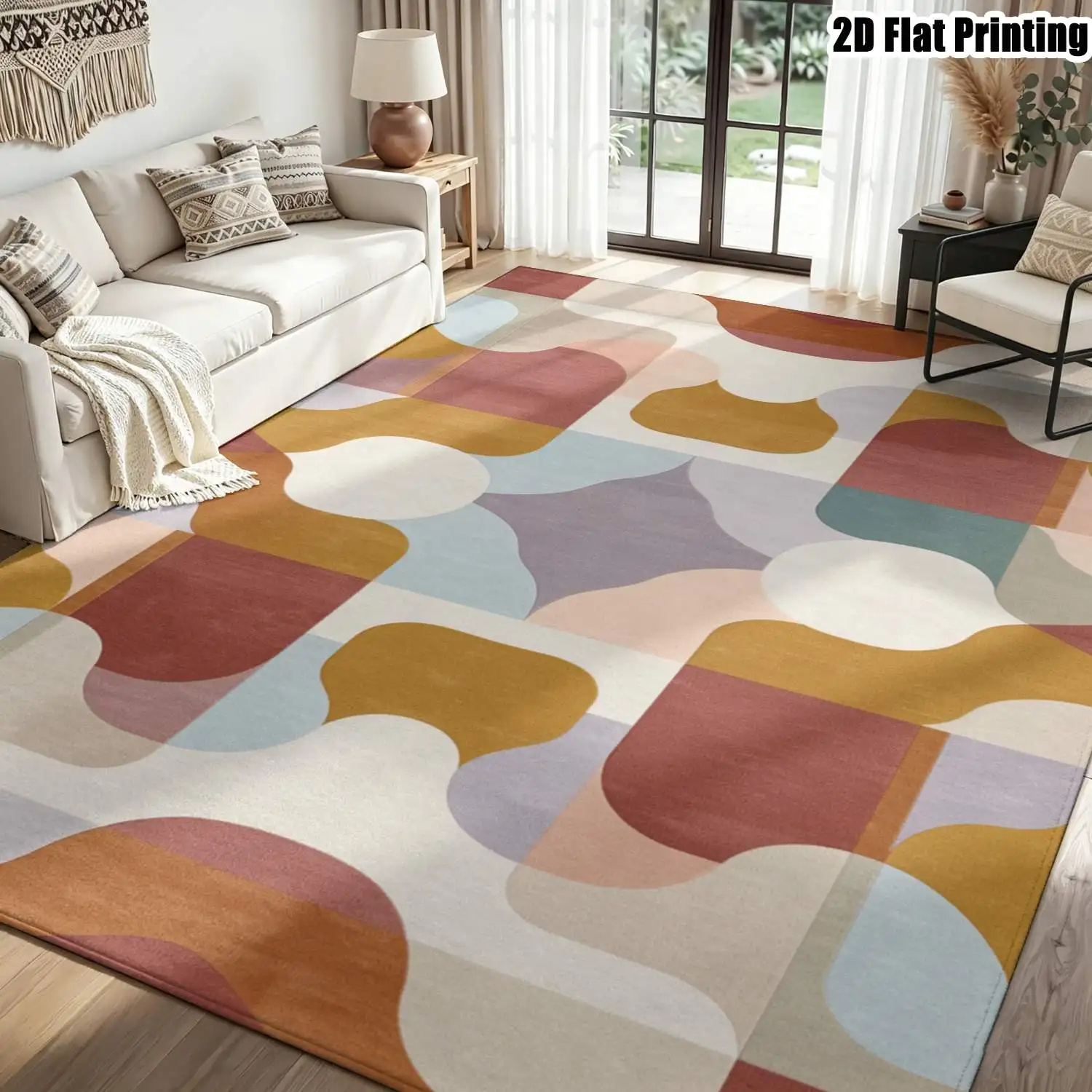 1Pc 2D Printed Carpet: Retro Color-Blocked Geometric Pattern, Nordic/Instagram Style, Modern Minimalist European Design, Machine Washable, Multi-Size, Suitable for Entrance, Living Room, Bedroom, Dining Room & Foyer as Home Decor Floor Mat