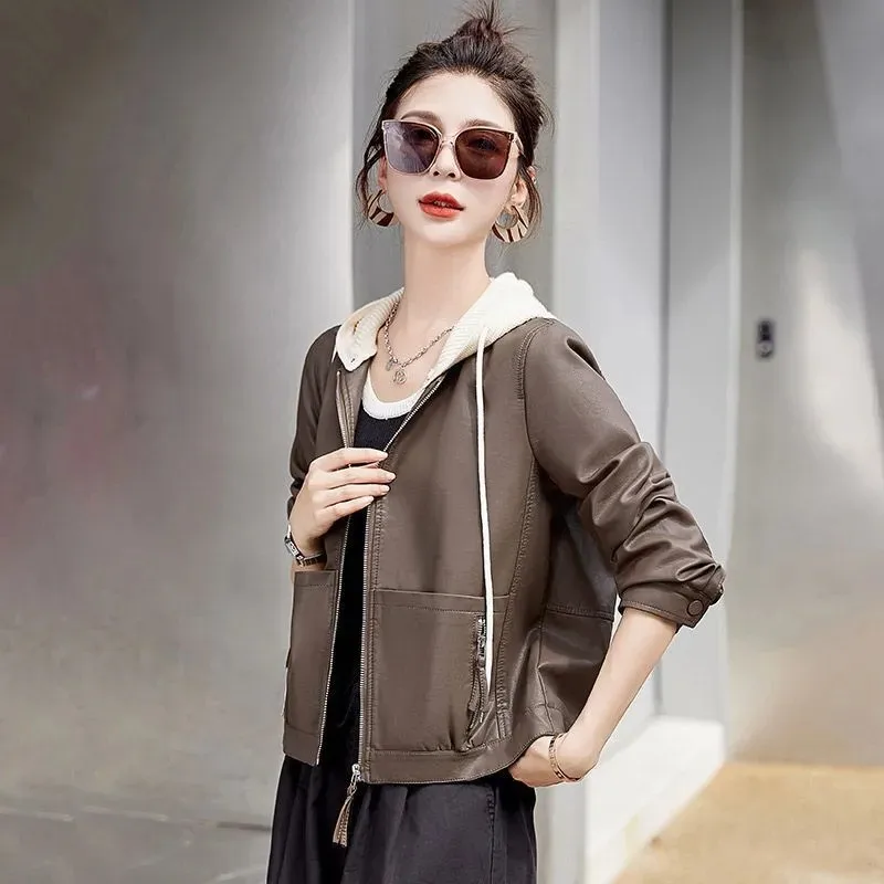 Fashion Women's Iocomotive Leather Jacket 2024 New Spring Autumn Coat Tops Short Hooded Splicing Casual Coat Female Outerwear