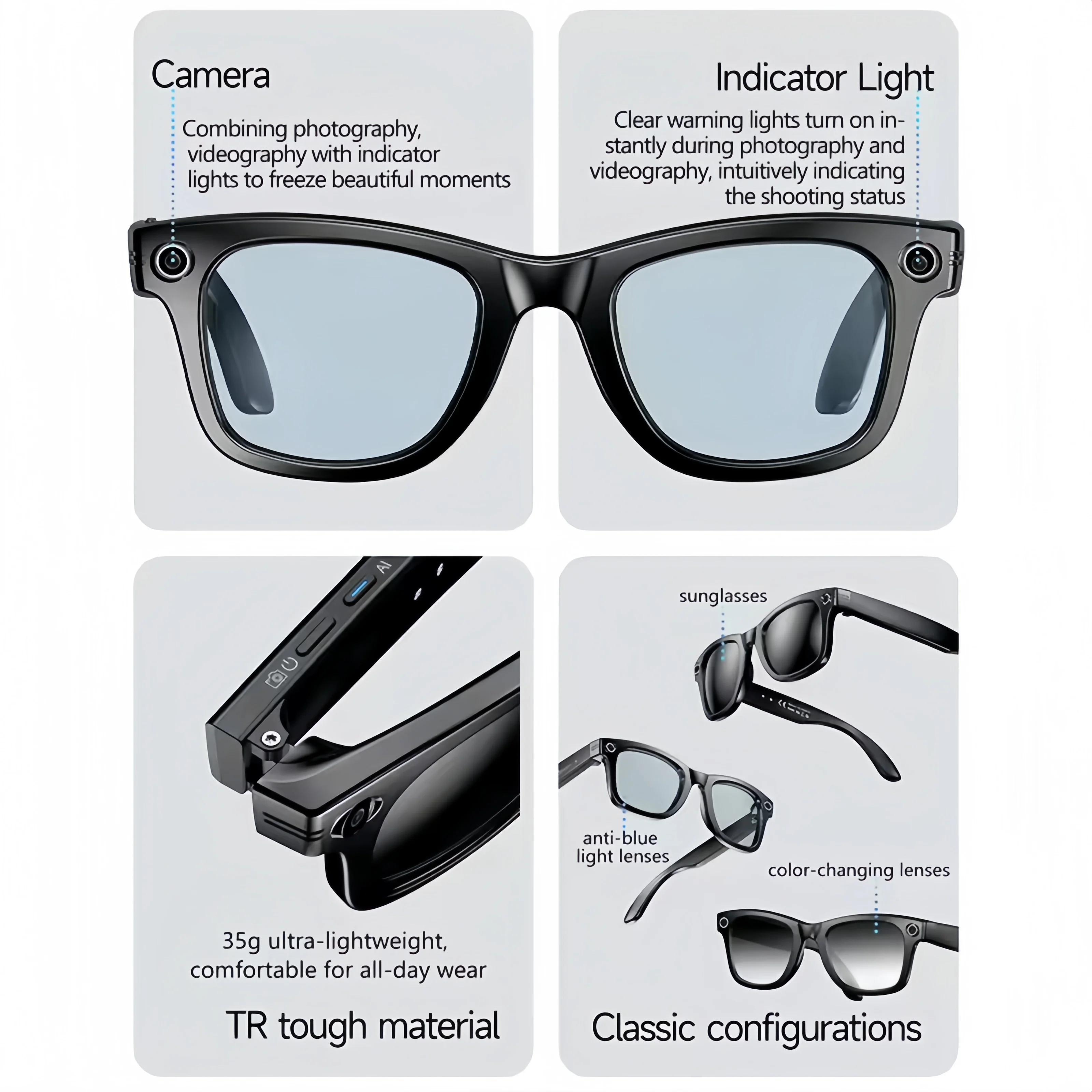 4K Ultra HD AI Glasses Men Chat IP65 Waterproof Voice Assistant AI Transmission 800W Camera Bluetooth Call Smart SunglassesWomen