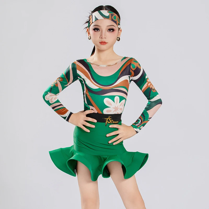 ملابس الرقص اللاتينية ذات النمط الأخضر للفتيات قاعة الرقص المنافسة زي الاطفال السالسا السامبا اللاتينية الرقص الدعاوى SL14066 #3
