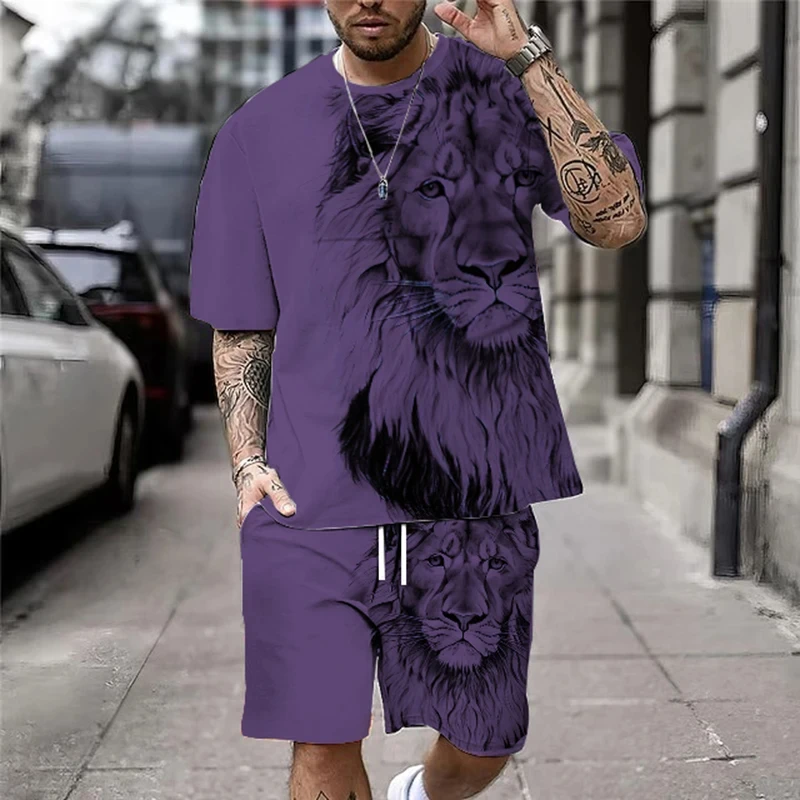 3D Lion Print Men\'s Cool T-shirt Shorts Set For Sports fitness Summer Man Set Street Style Oversized Graphic 2Pcs Unisex Clothes