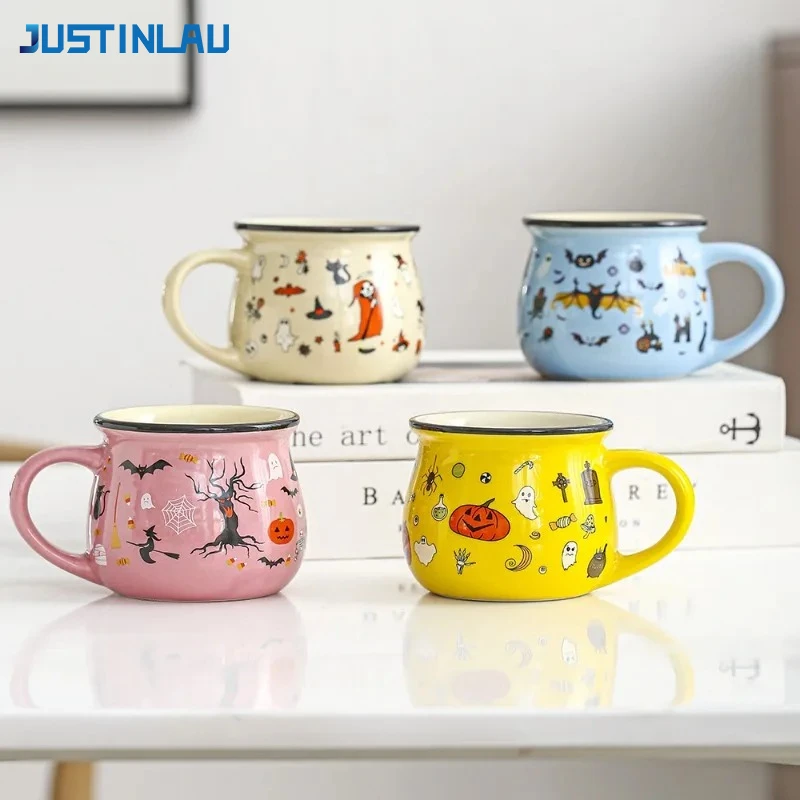 JUSTINLAU 250ml Creative Halloween Ceramic Mug with Handle and Dessert Mousse Cup for Home Breakfast Milk and Coffee A Kids Gift