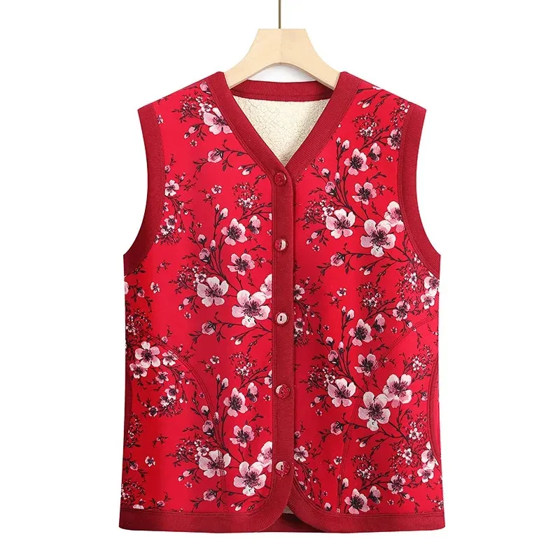 Autumn Winter  Add Velvet Thick Printed Vest Middle Aged Elderly Women Vest  Jacket 2024 New Warm Coat Jacket Female Waistcoat