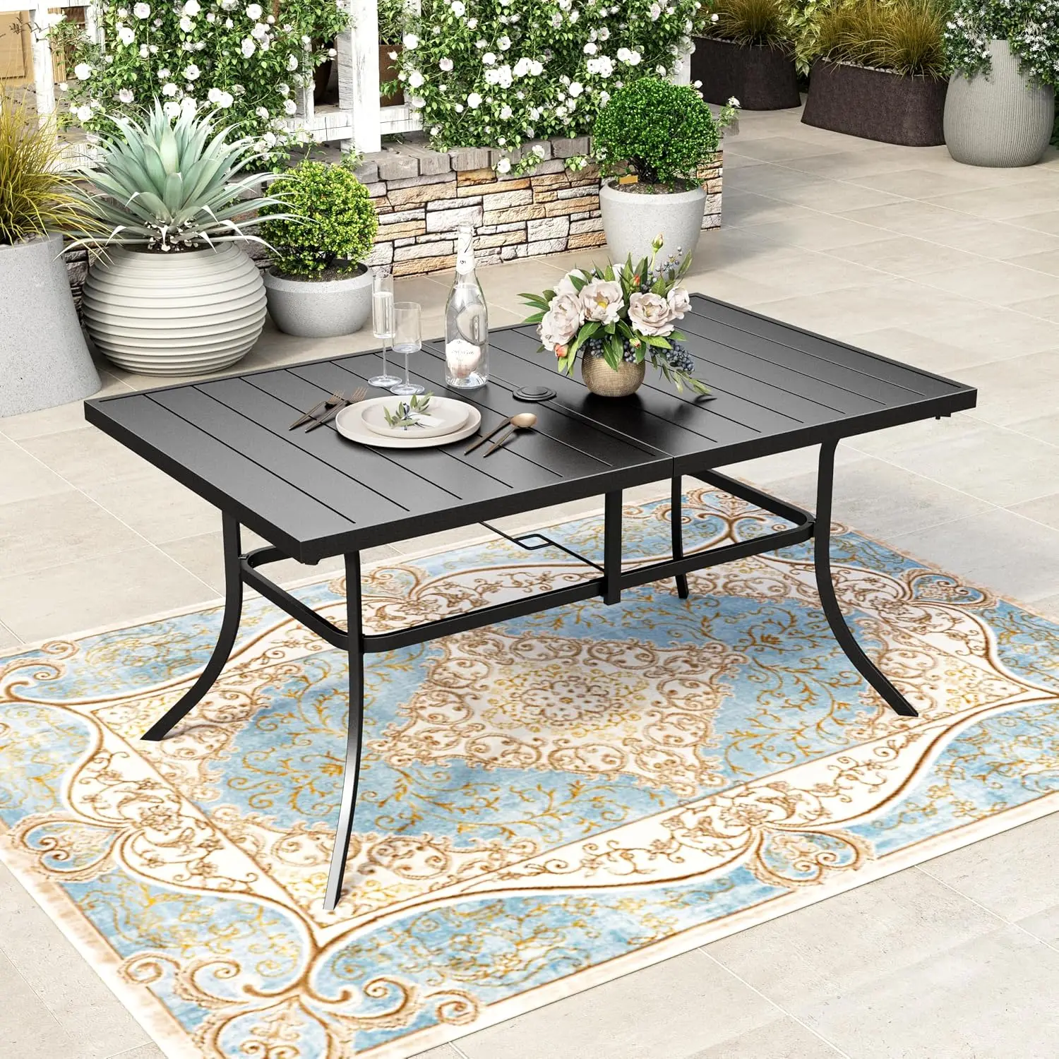 Outdoor Metal Dining Table, Rectangle Patio Furniture With Center Umbrella Hole And Slatted Top For Backyard Deck Porch Garden Balcony Entertaining, Modern Style, Black, 1 Piece