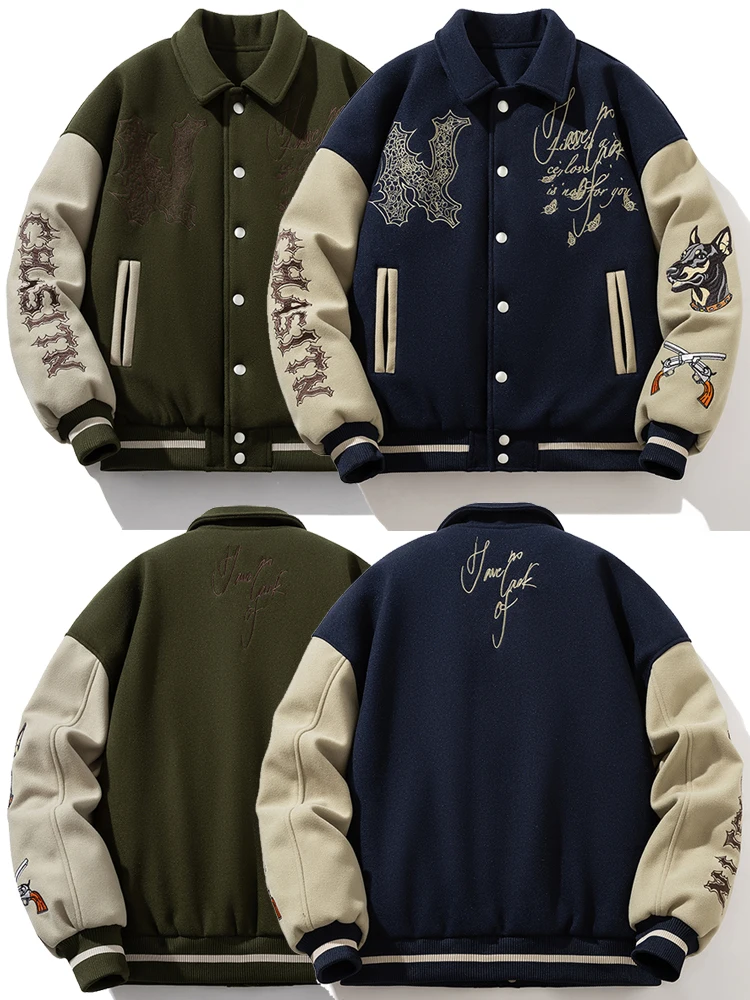 

Thiened Wool PU Leather Patchwork Baseball Sle Embroidered Flight Jaet Cotton Coat Autumn Winter Men's Outerwear Top