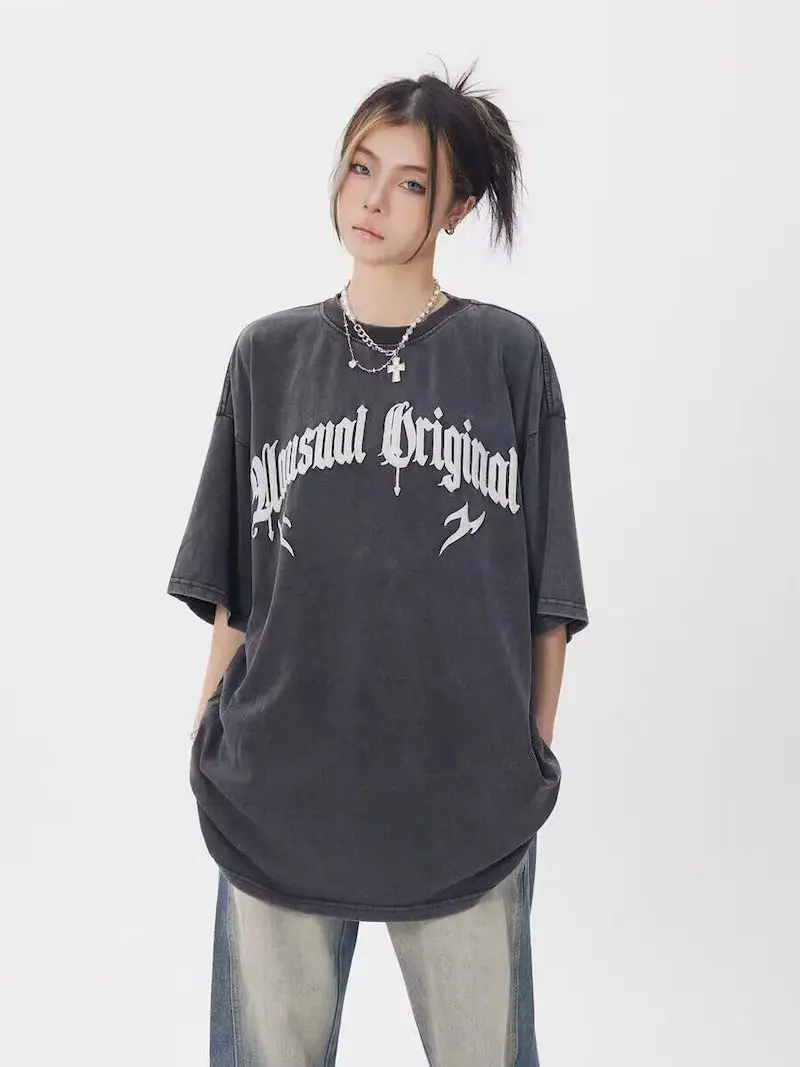 Street Wash T-shirts for Women Men Letter Printing Short Sleeve Tops Oversized Loose Shoulder T Shirt Summer Trend Cotton Tee