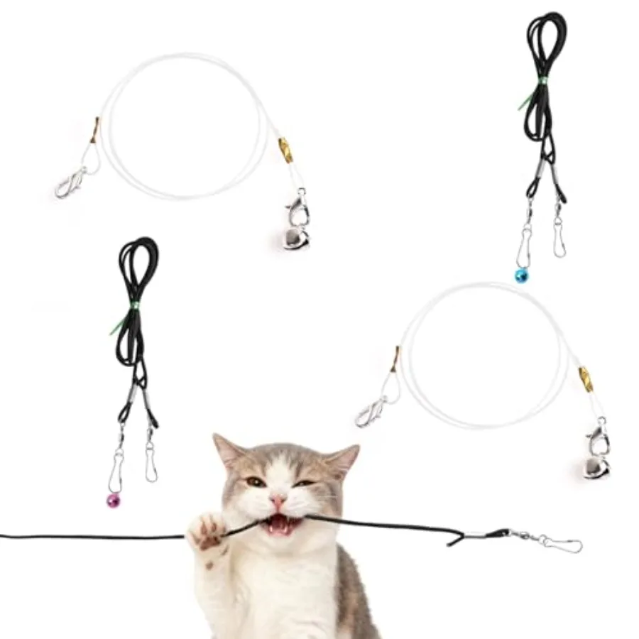 Cat Wand Refill Strings, 4 pcs Replacement Strings for Cat Wand Toy 2 Stretchy Nylon + 2 Premium Fishing Lines Built-in Bells a
