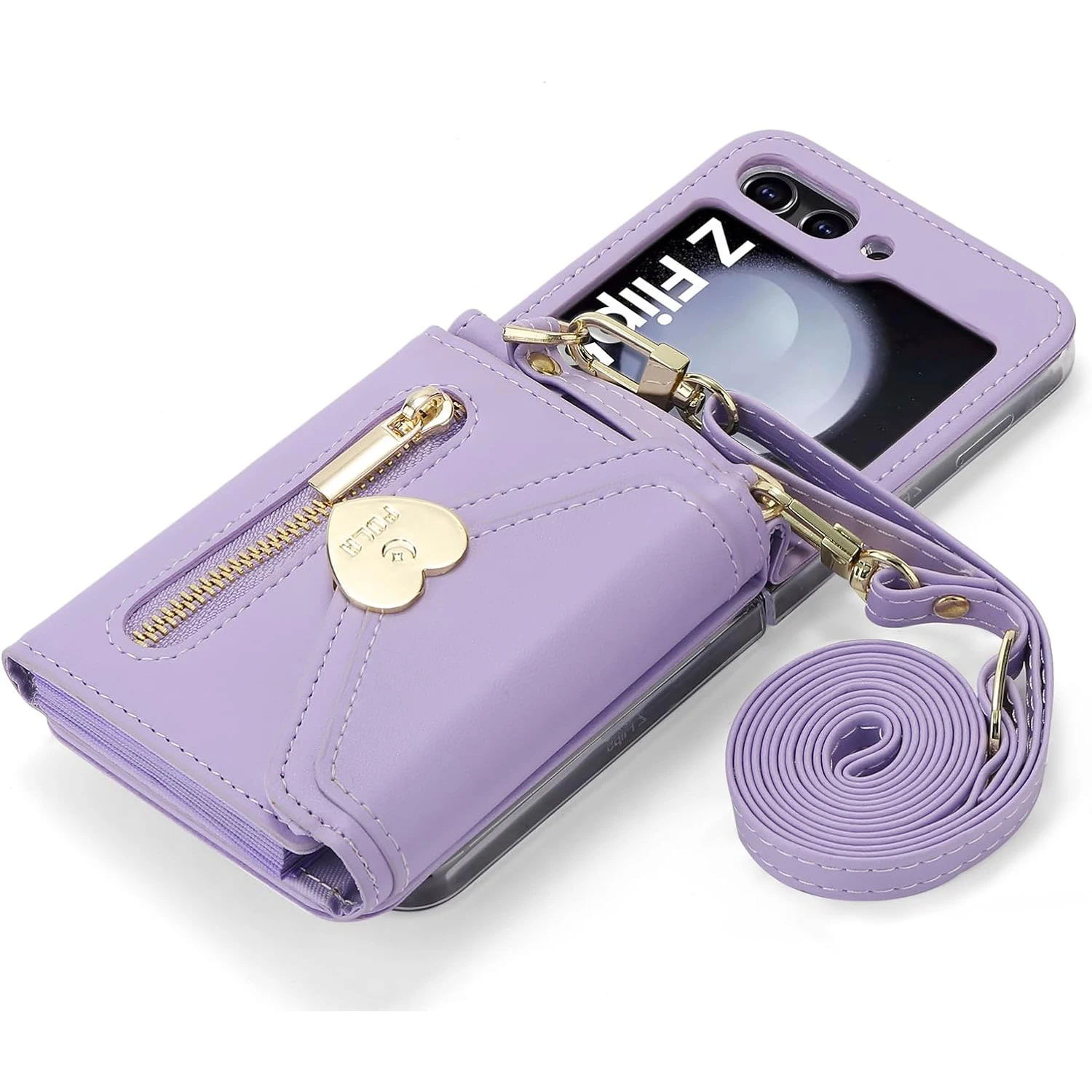 for Samsung Galaxy Z Flip 5 Case with Love Flip Wallet, Large Capacity for 8 Card Slots, and Long Strap - a Mini, Fashionable