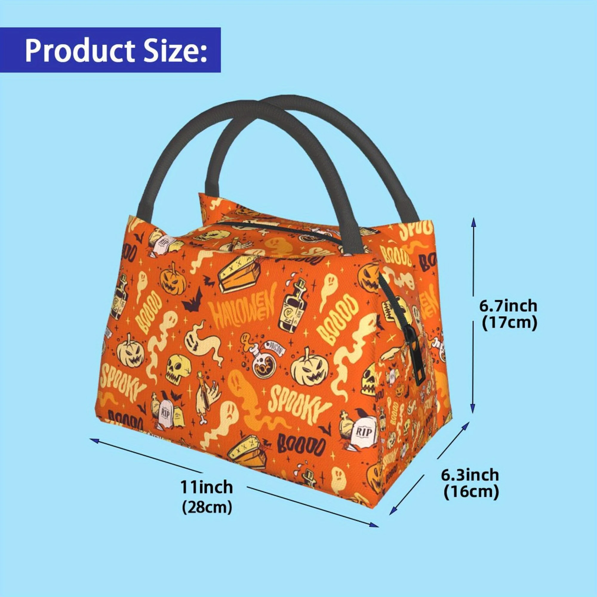 A Portable, Reusable Cooler Bag Featuring a Design of a Wine Bottle, Pumpkin, Bat, And Skull Suitable for Home, Restaurants