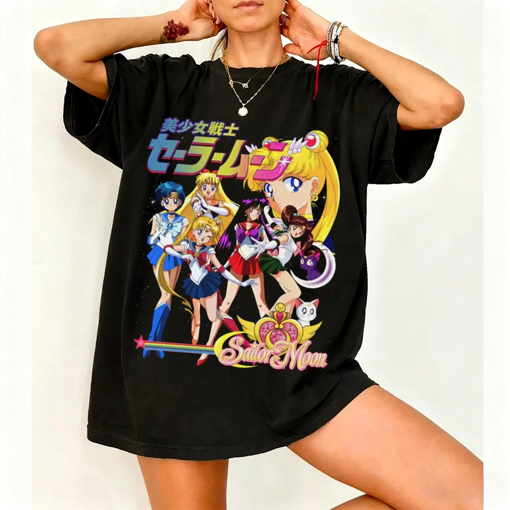 Camiseta holgada de algodón 100% con estampado de Sailor Moon Inner Solar System Warriors, tema oscuro y genial, para niños y niñas, colección Verano 2026