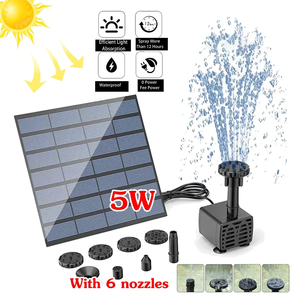 Solar Water Pump Fountain Pump with 6 Nozzles Aquarium Wave Maker Decorative Prop for Bird Bath Pool Garden Fountain Submersible