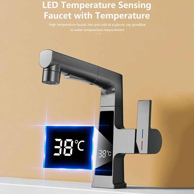 Torneira de exibição digital puxando sensor de temperatura inteligente torneiras de lavatório de latão torneira misturadora de água fria e quente de