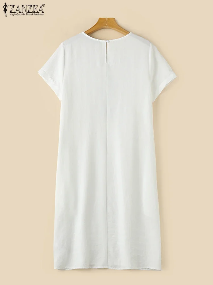 ZANZEA 2025 Donne di Estate Vestito Da Ricamo Vintage Solido Al Ginocchio Abito Girocollo Casual Abiti Manica Corta Abiti Allentati