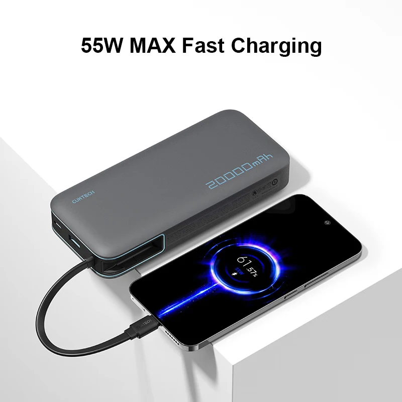 CUKTECH Built In Cable Power Bank 20000mAh 55W Max USB C 2-Way Fast Charging For Macbook Pro iPhone 15 Xiaomi