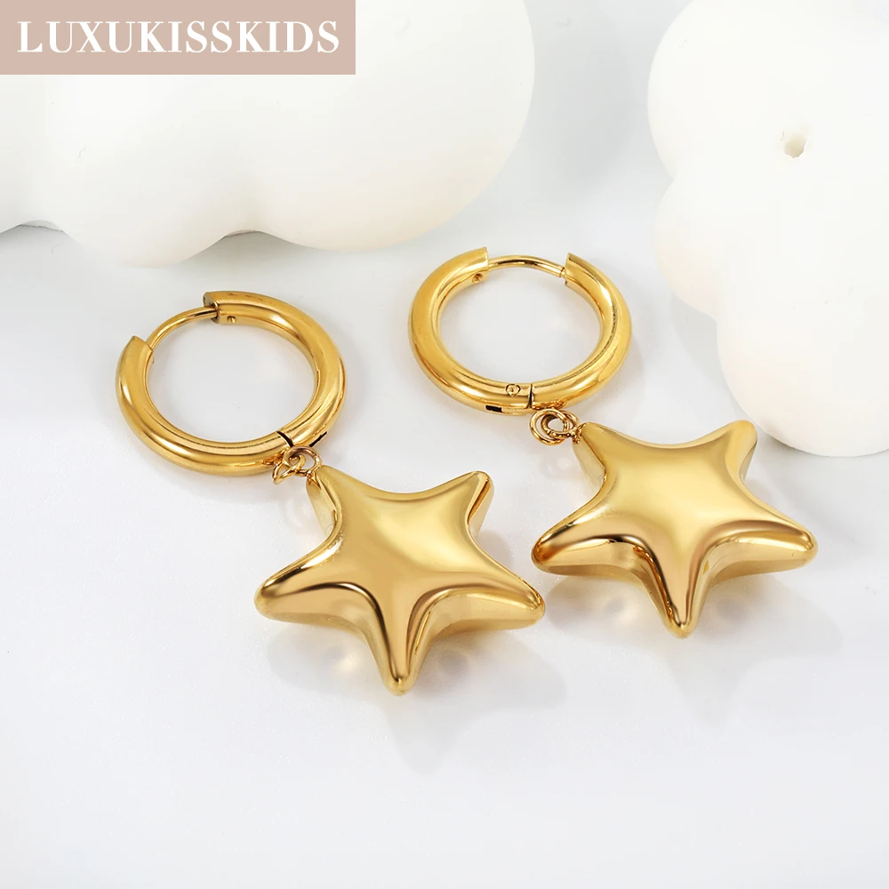 LUXUKISSKIDS High Polish Glossy Star Pentagram Earrings Drop Chunky Golden Cubic Heart Charm Pendients Gothic Dangle Ear Jewelry