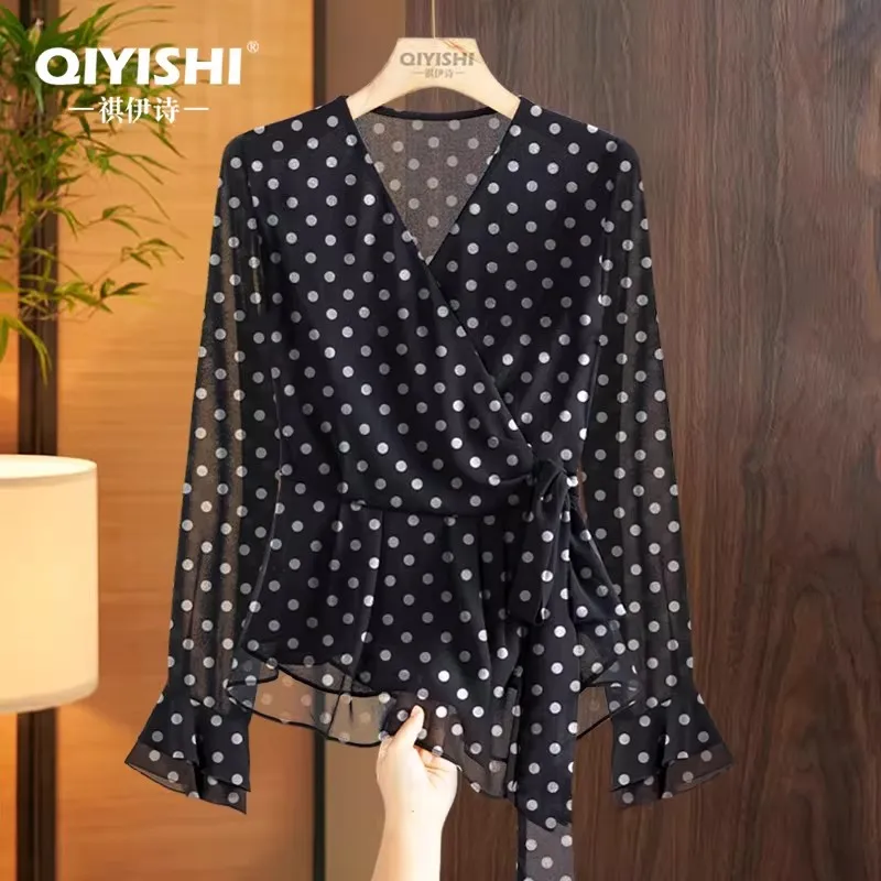 

Women Long Sleeve V neck Black Polka Dots Printed Chiffon Top 2026 Spring Summer Asymmetrical Lace-up Blouses Casual Work Shirts