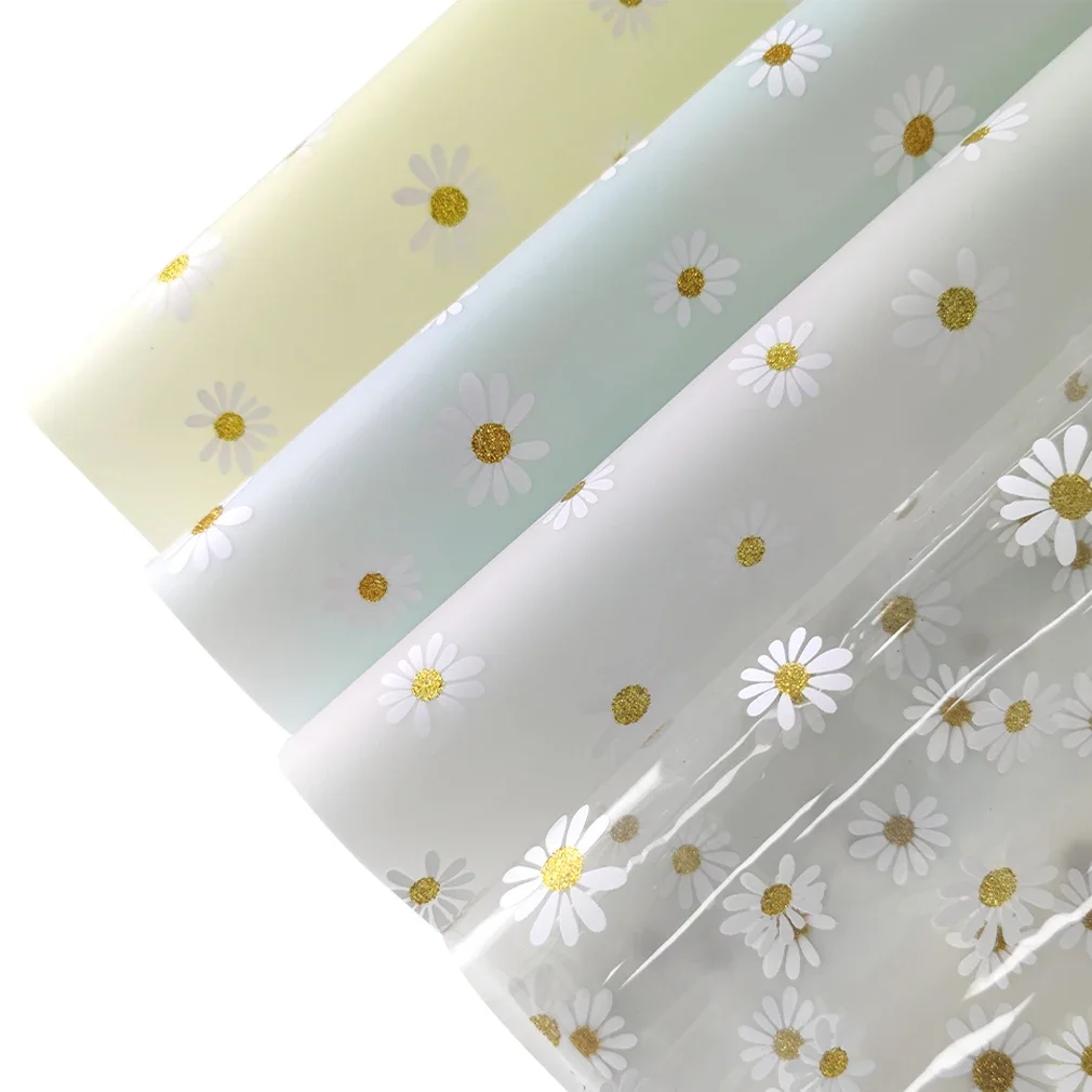 0.4mm Daisy Jelly Vinyl Fabric 46x135cm TPU Roll Printed Frosted Faux Leather Fabric For Making Handbags/Earring DIY Table Decor