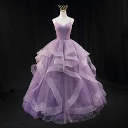 Vestido de noche plisado de tul sin tirantes para mujer, vestido de fiesta hasta el suelo, con cordones, color morado, talla grande, B2155