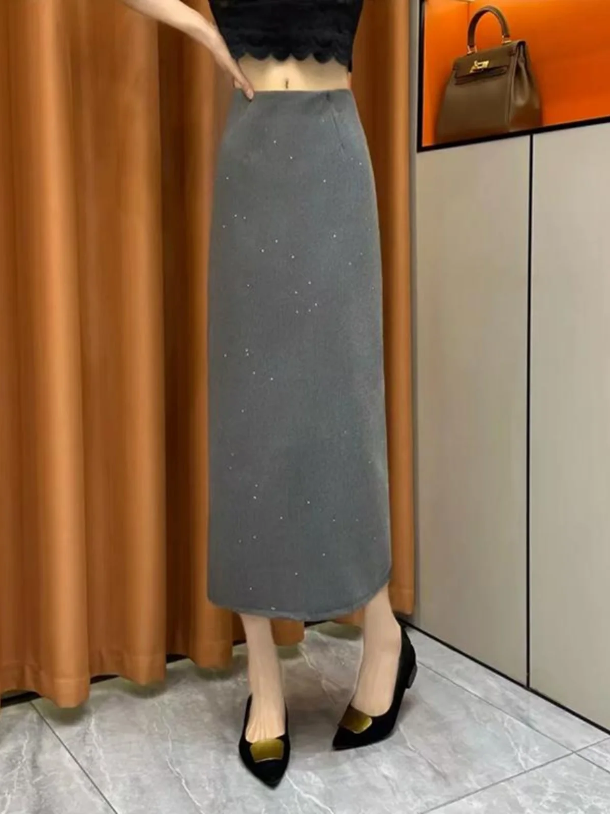 

Женская прямая юбка с пайетками и разрезом, с высокой талией, облегающая, для офиса, весна 2025