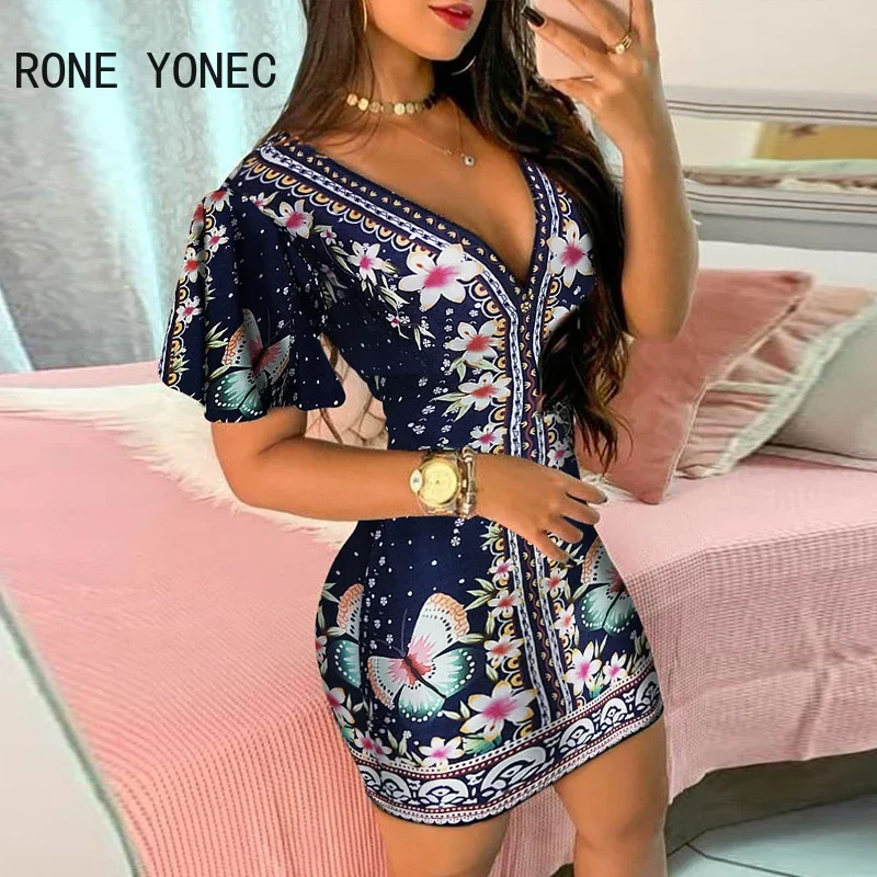 Women Elegant Dress Floral Butterfly Print Ruffles Bodycon Casual Mini Vacation Dress 2021