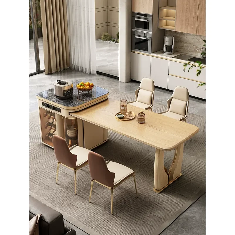 Luxury Island Dining Table with Retractable Rock Slab and Ash Wood Countertop High End Dual Purpose Household Furniture