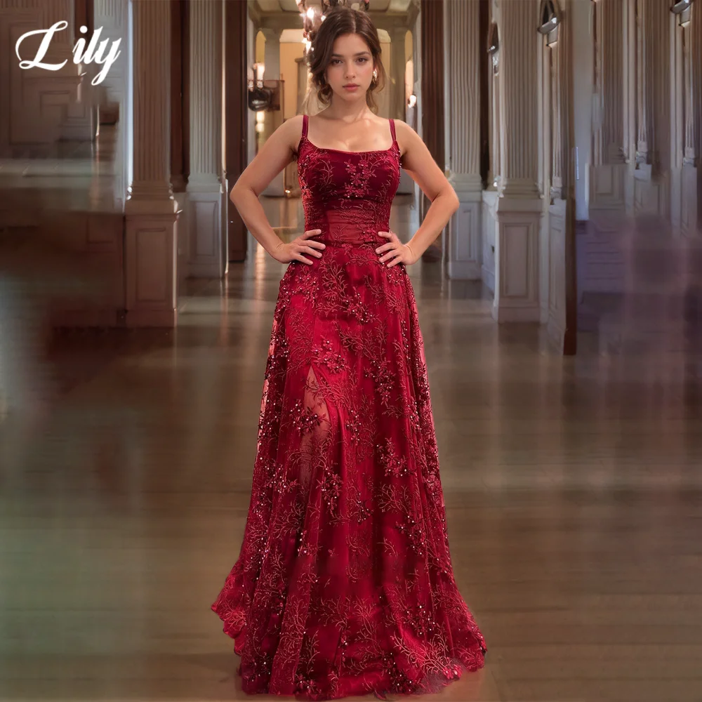 

Lily Burgundy Elegant Prom Gown Scoop Spaghetti Straps Party Dresses 3D-Flowers Lace Beads Formal Gown with Split Customized