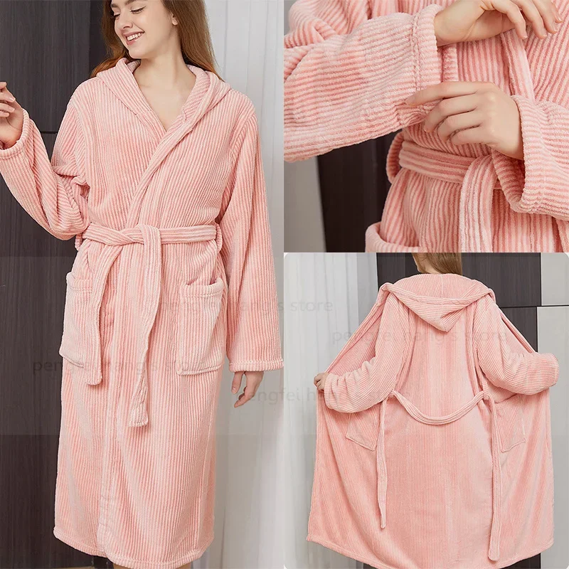 

Фланелевой женский халат с капюшоном для душа, розовый полосатый халат из кораллового флиса, кимоно с длинными рукавами, осень-зима, новая домашняя одежда, одежда для сна