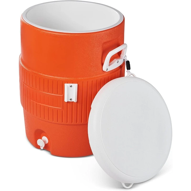 10 Gallon Portable Sports Cooler Water Beverage Dispenser with Flat Seat Lid, Insulated Beverage Dispenser, Orange/White