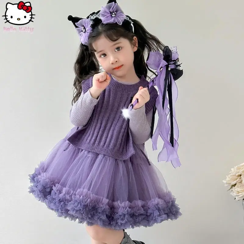 

Sanrio Girls Kuromi Vest Mesh Puffy Dress Kawaii Cartoon Spring Autumn Anime New Clothing Princess Sweet Sweater Cake Skirt Gift