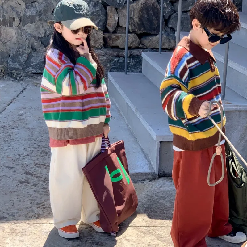 2024 Spring Autumn Children Boys 2PCS Clothes Set Striped Knitted Turn Down Collar Sweater Loose Cotton Pants babys Boys Outfits