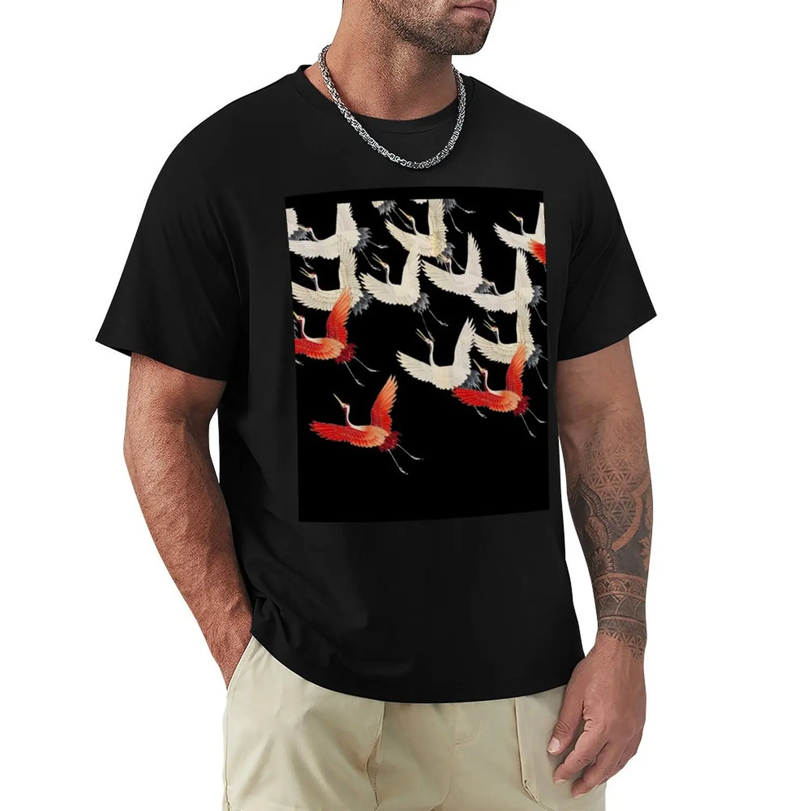 FLYING RED WHITE CRANES IN BLACK Japanese Pattern T-Shirt Performance Workout Short Sleeve Tee